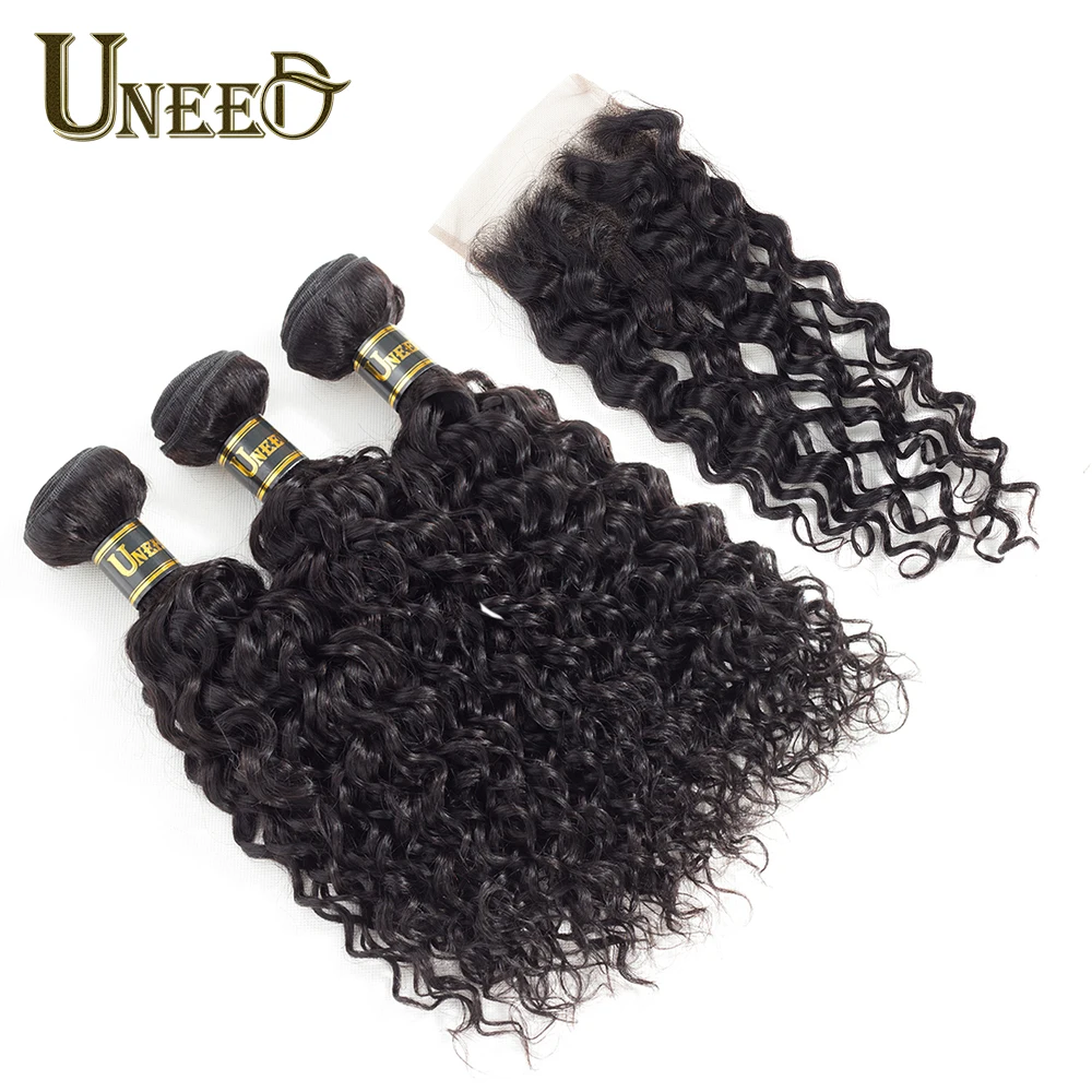Uneed Brazilian Water Wave Bundles With Closure Human Hair 3 Bundles with Lace Closure 4\ Uneed Brazilian Water Wave Bundles With Closure Human Hair 3 Bundles with Lace Closure 4\