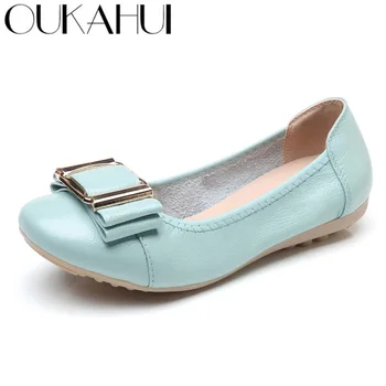 

OUKAHUI Spring Autumn Elegant Genuine Leather Flat Shoes Women Ballet Flat Low Heel Shallow Bowknot Flats Casual Woman Shoes 43