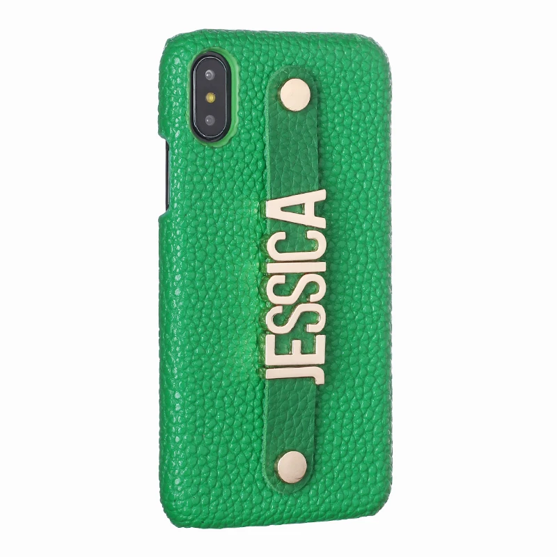  Holding Strap Metal Personalization Your Name Pebble Grain Leather Phone Case For iPhone 11 Pro 6S 