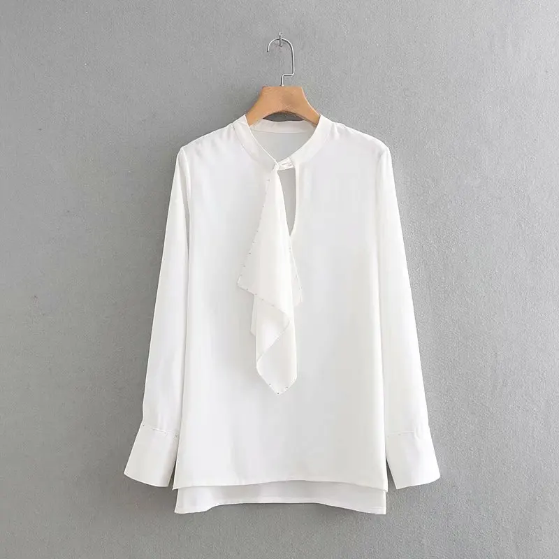 women long sleeve black white color basic casual blouse shirt beading scarf design chic blusas brand femininas tops LS3034 |