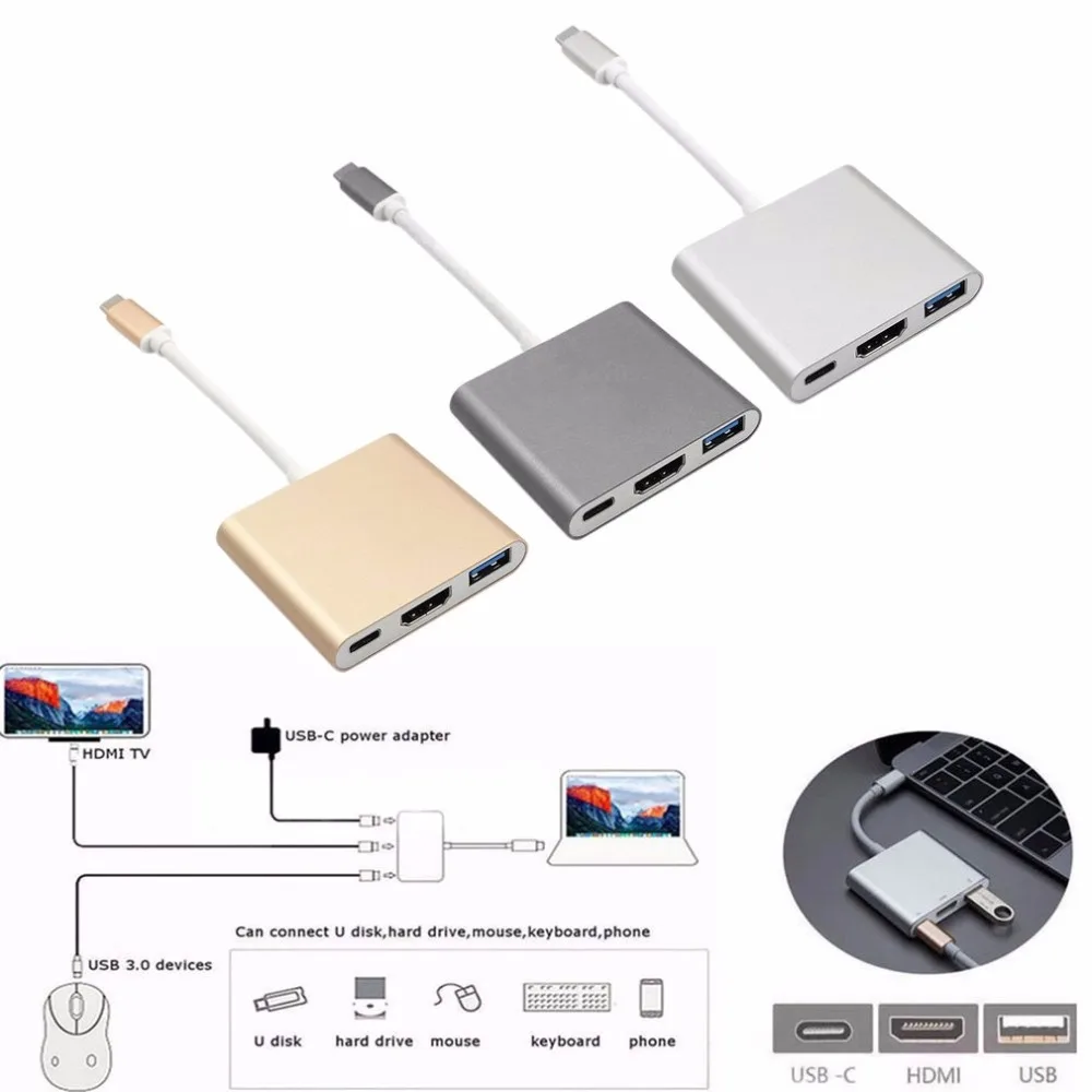 USB 3,1 Тип-C к HDMI адаптер USB 3,0 3-в-1 Зарядка PD подставка для концентратора 4 K конвертер кабель для Apple Macbook