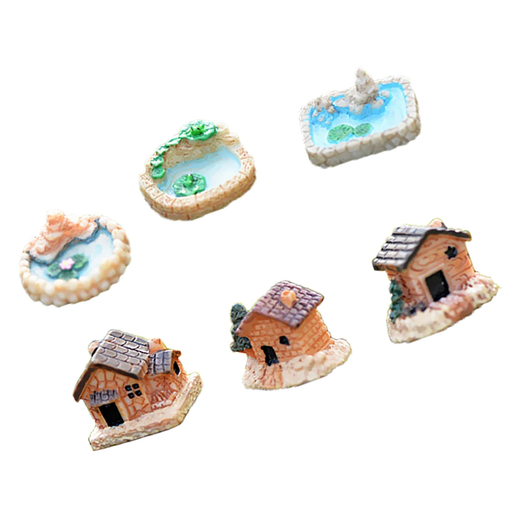 6pcs Handcraft Mini Resin Pool & House Figurine Micro Landscape DIY Fairy Garden Accessories