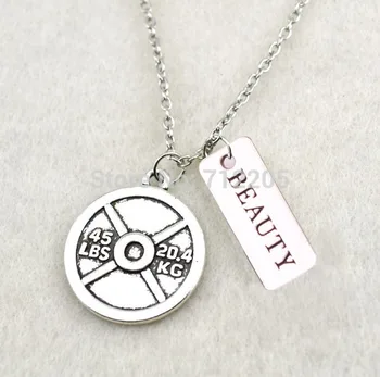 

Fitness Weightlifting jewelry 10pcs antique silver Vintage Circle 45LBS 20.4KG Weight Plate and BEAUTY Gym necklaces