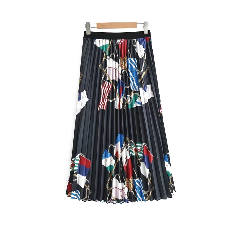 Юбка миди с принтом в виде цепочки женские весенне-осенние Юбки Женская плиссированная юбка с высокой талией шикарная льняная юбка в стиле бохо для девочек Jupe Saias faldas