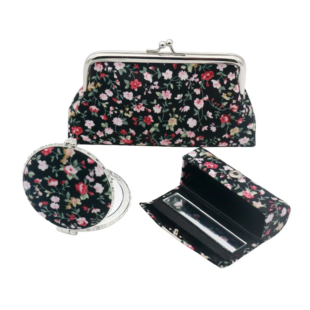 1 Sets Portable Makeup Mirror Lipstick Case Purse Set Retro Flower Pattern Jewelry Cosmetic