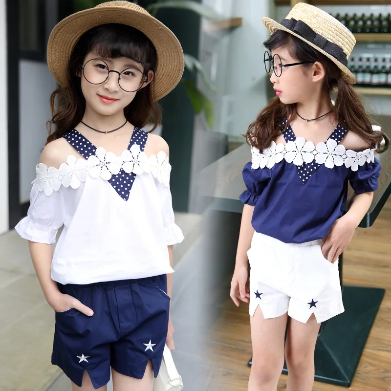 

maomaoleyenda Girls Clothing Sets 2017 Brand Summer Style Kids Clothing Sets Flowers lace shirt+shorts 2Pc8T10T12T14T Girl Suit