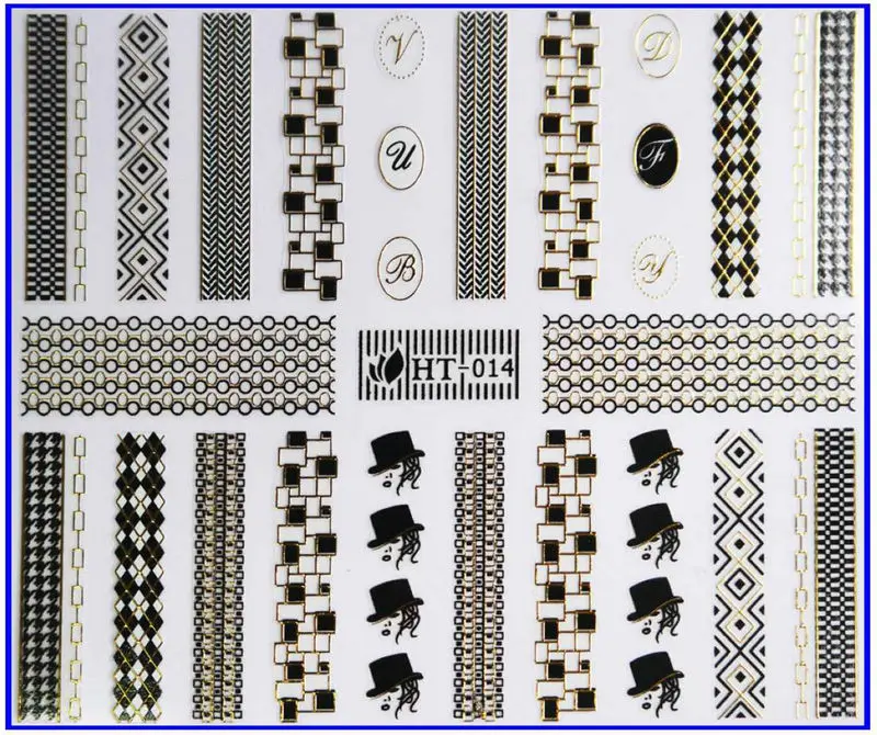 1х самоклеющиеся черные, белые, золотые, серебристые металлические наклейки для дизайна ногтей, слайдер, шнурок, цепь, линия, колпачок, сердечки, квадратные HT13-15