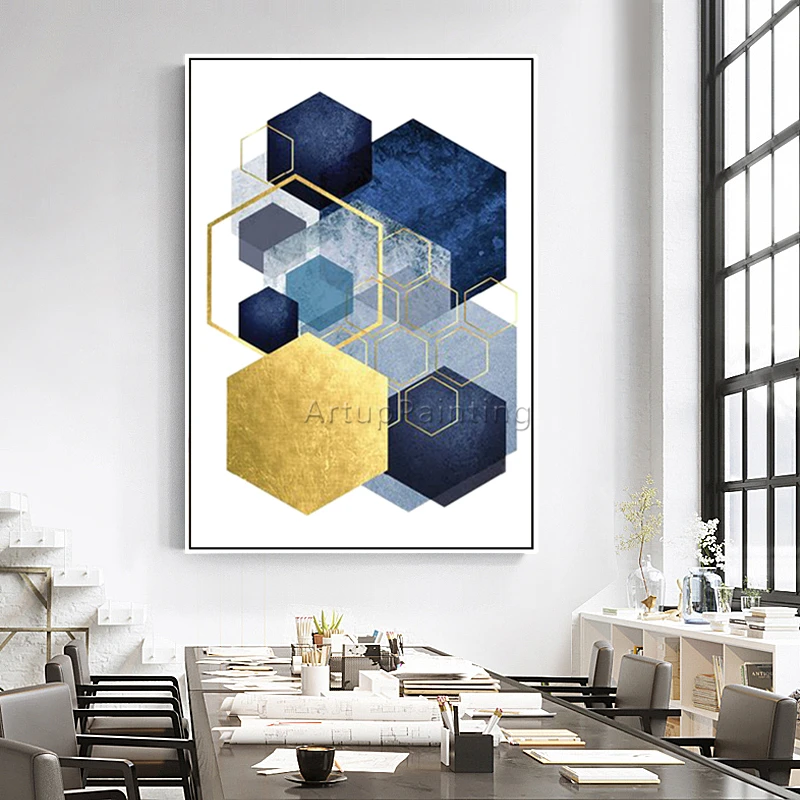 Geometric Gold Blue Acrylic Morden Abstract Painting on Canvas Hand Painted Wall Art Pictures for Living Room Home Decoracion