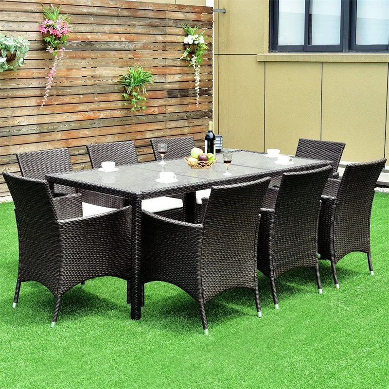 

9 Pcs Patio Brown Outdoor Rattan Table Chairs Furniture Set High Quality Sturdy Iron Frame Comfortably Waterproof Seat HW54833