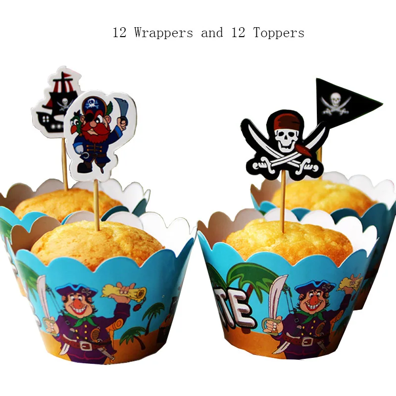 

24 pcs/lot Pirate Cupcake Wrapper Pirate cake flag Cup cake Muffin Wrapper Topper for Birthday Party Supplies&Decor