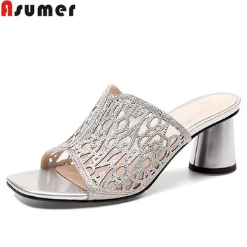 

ASUMER 2020 new summer sandals for women slingback ladies prom genuine leather shoes women square high heels shoes women sandals