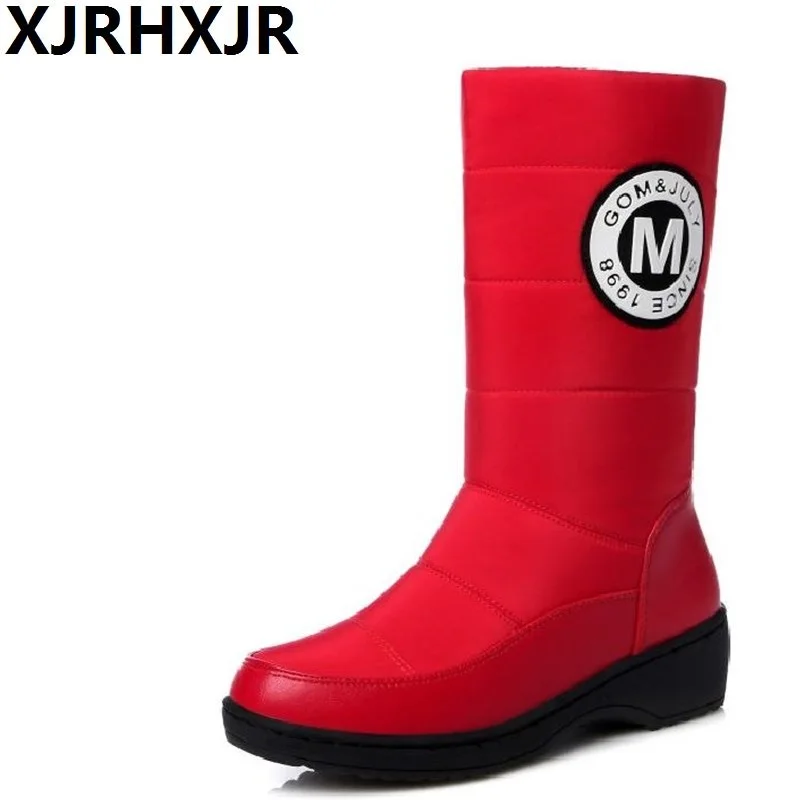 

XJRHXJR 2017 Fashion Waterproof Snow Boots Women's Mid Calf Boots Flat Winter Botas Mujer Platform Fur Shoes Woman Size 35-40