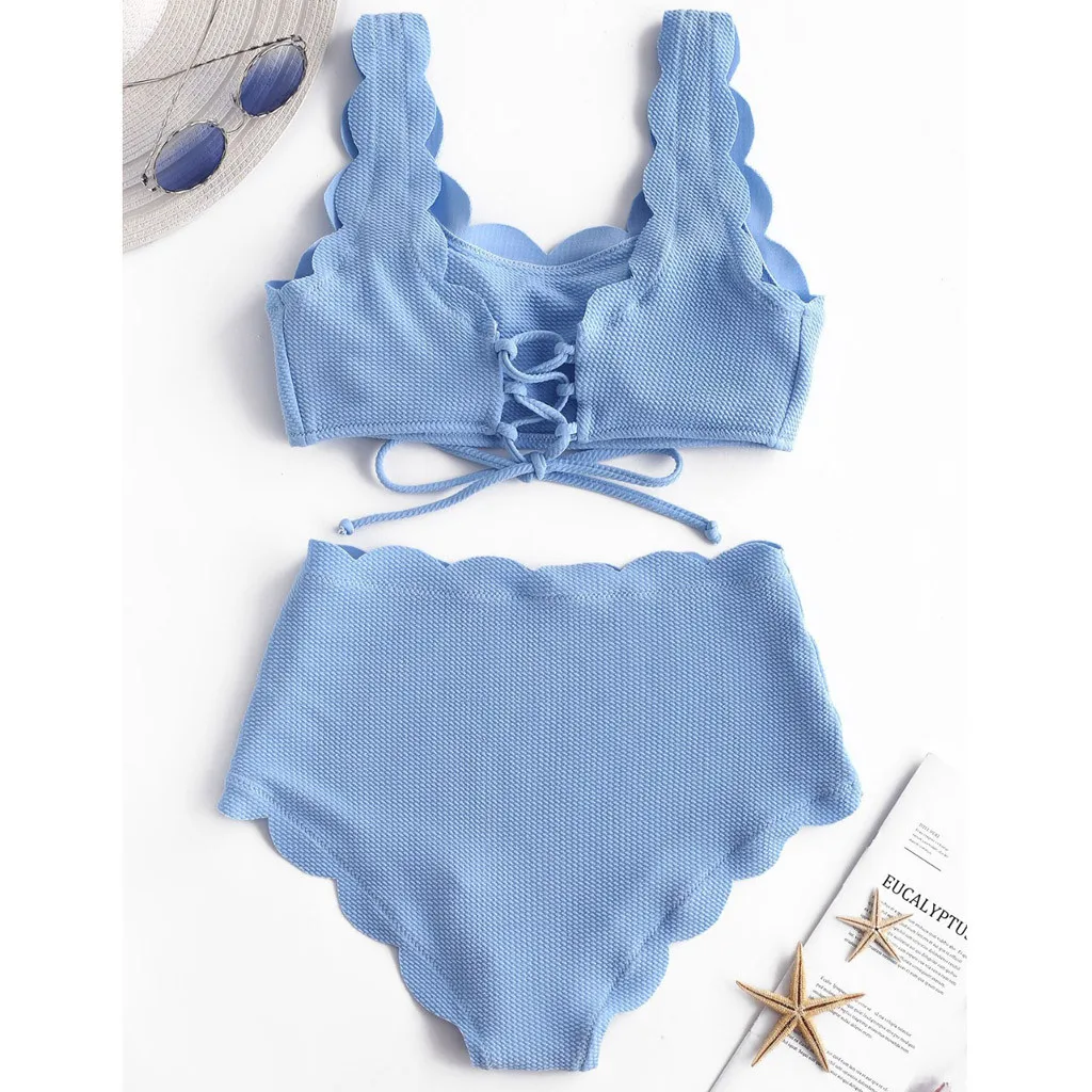 Women Scalloped Textured High Waisted Bikini Set Solid Two Pieces Beach Bathing Suits Swimwear Lace Biquinis Bathing Suits L0612