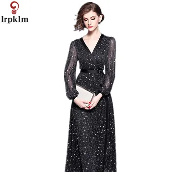 

Brands Women's Dot Print Dress Solid Sexy V-Neck Lace Up Fashion Party Dress Temperament Elegant Women's Long Midi Dress CH253