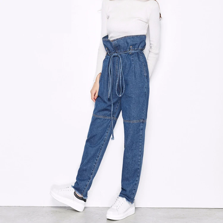 2018 Spring New Casual High Waist Loose Washed Blue Ankle