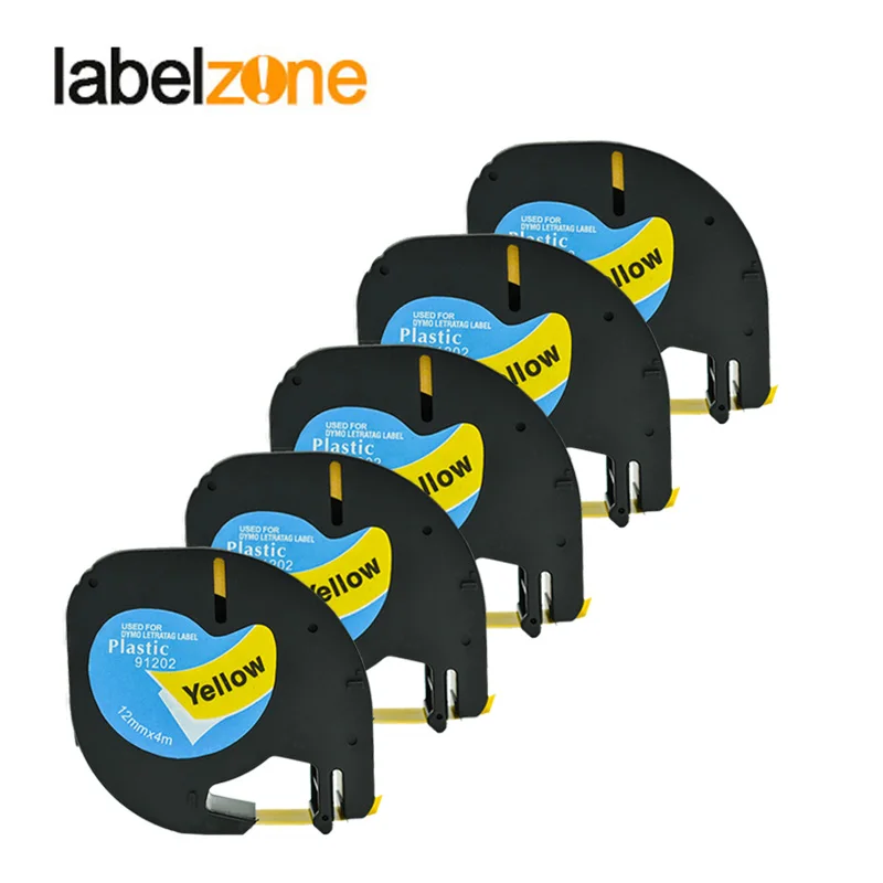 5PACK 12mm Black on Yellow Compatible Dymo Letratag 91202 Plastic Tapes LT Ribbon Label for DYMO Letra Tag Maker | Компьютеры и офис