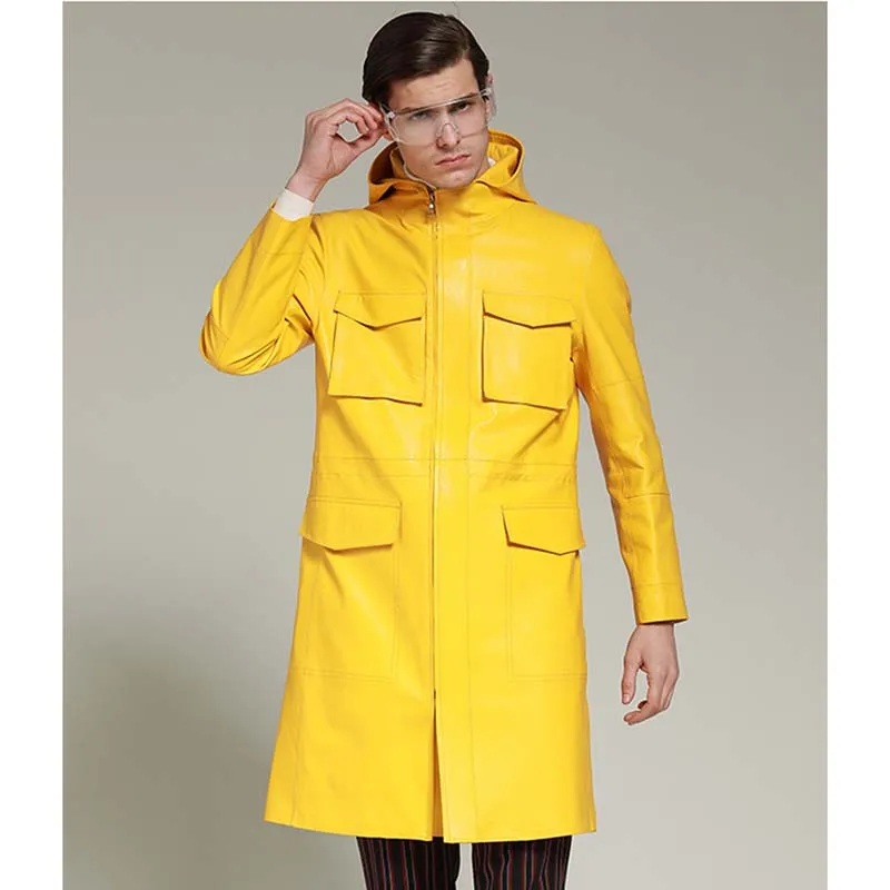 Модная ярко-желтая Длинная кожаная куртка для мужчин весна осень натуральная кожа одежда с капюшоном Овчина кожаная куртка - Цвет: Sheepskin Yellow