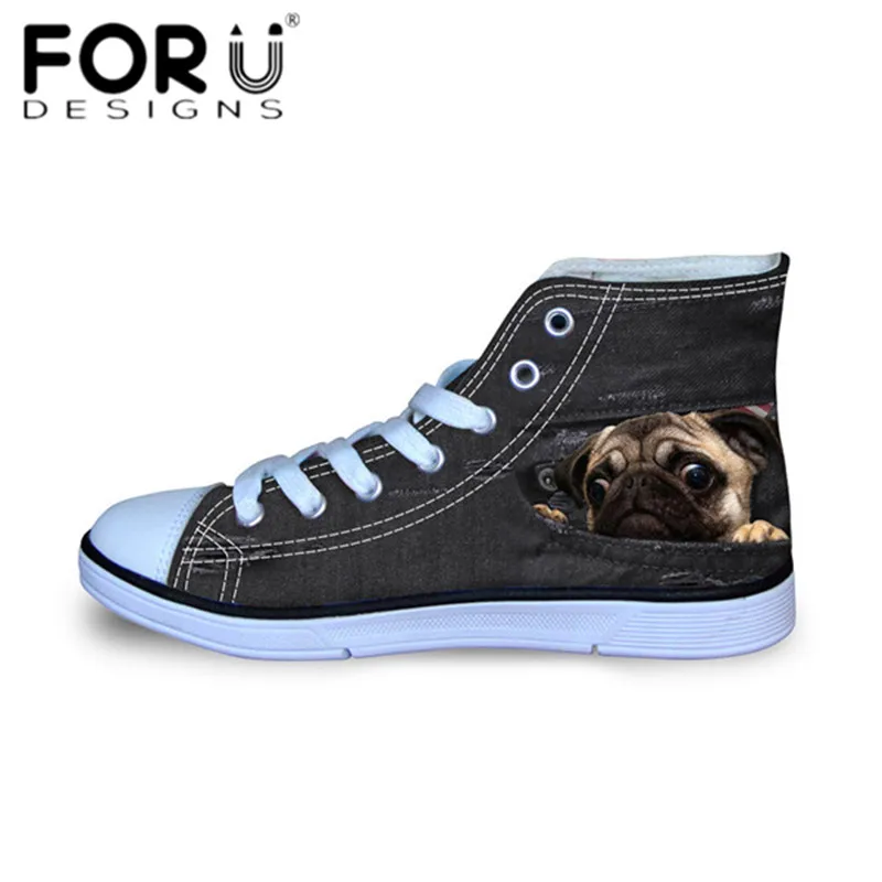 

FORUDESIGNS Fashion Autumn Flats Black Denim 3D Pug Dog Cat Sneakers for Children Girls Boys High Top Canvas Shoes Light Lace-up