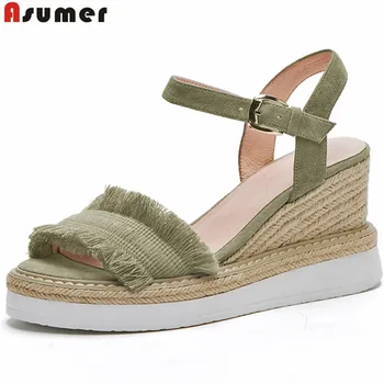 

ASUMER 2020 summer new arrive shoes woman buckle elegant sandals women platform wedges shoes suede leather high heels shoes