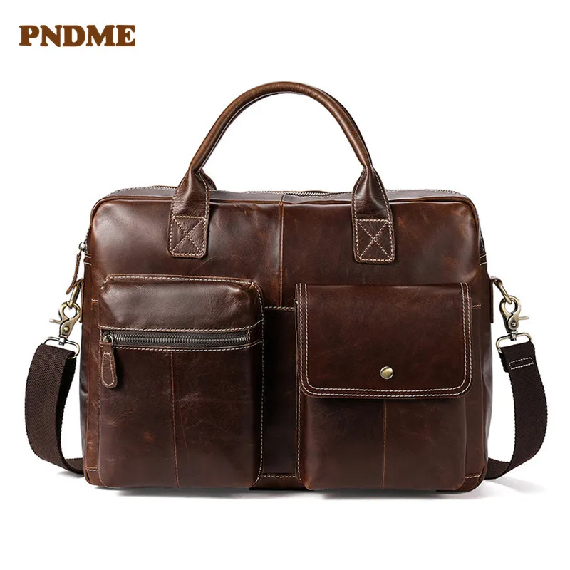 

PNDME large capacity genuine leather men's briefcases vintage handbag top layer cowhide leather business laptop messenger bag