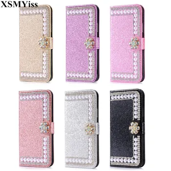 

XSMYiss Bling Crystal Diamonds Pearls PU Leather Flip Slots Stand Wallet Case Cover For iPhone 6 6S 7 8 Plus Xs 11 Pro Max XR