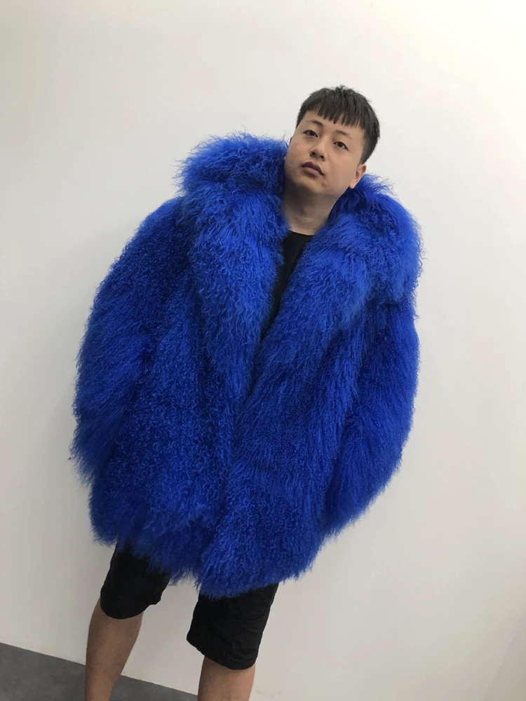 2019 Men's real mongolian sheep fur coat hooded warm winter outerwear lapel beach wool fur overcoat long sleeve Jacket