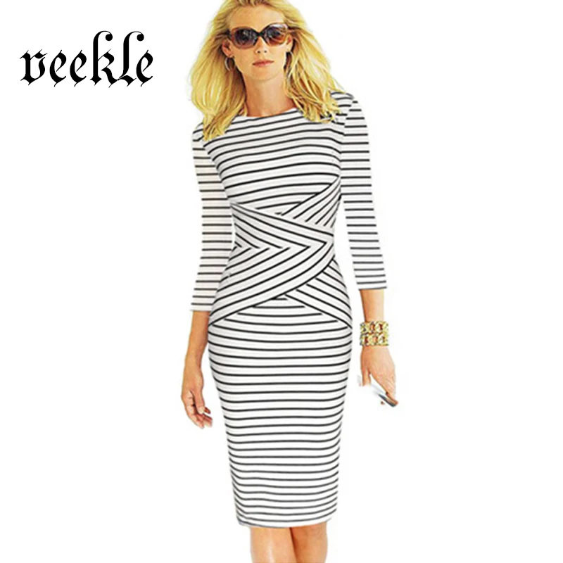 

VEEKLE Summer Bodycon Short Black And White Striped Zebra Ladies Straight Business Pencil Work Office Dresses Elastic Robe Femme