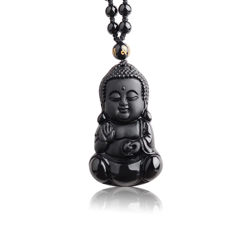 100/% Naturel Noir Obsidian Carved bébé Bouddha chanceux pendentif Perles Collier