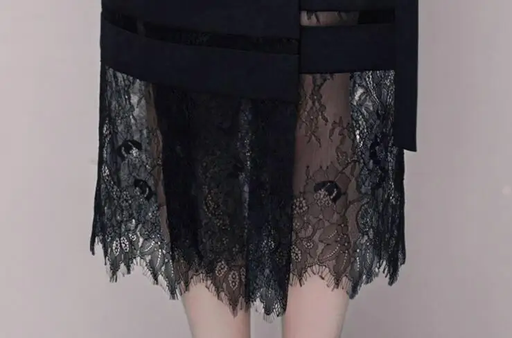 Высокое качество Подиум дизайн халат Femme Осень Черный с длинным рукавом кружево лоскутное Костюмы Пальто шикарный галстук-бабочка длинное пальто