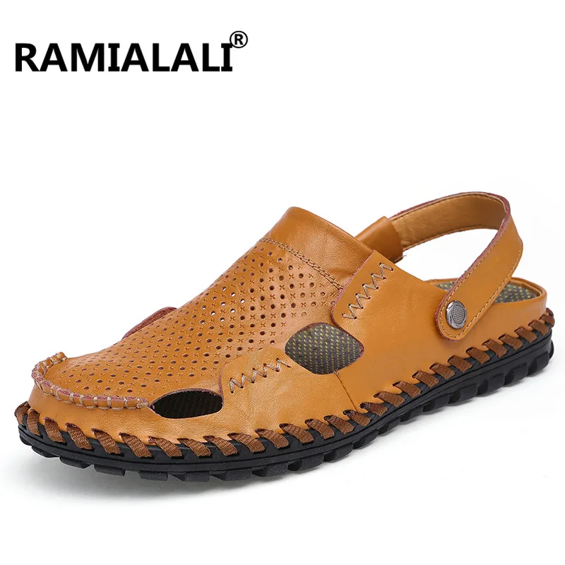YELLOW BROWN Ramialali/летние мужские сандалии кожаные повседневные сандалии мужская обувь модная Водонепроницаемая Мужская обувь пляжные сандалии на резиновой подошве - Цвет: YELLOW BROWN