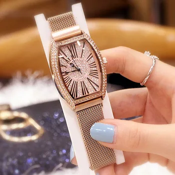 

Women Watches Mesh Stainless Steel Barrel Watch Women Quartz Bracelet Rhinestone Ladies Watches Dress Clock Relogio Feminino Gif