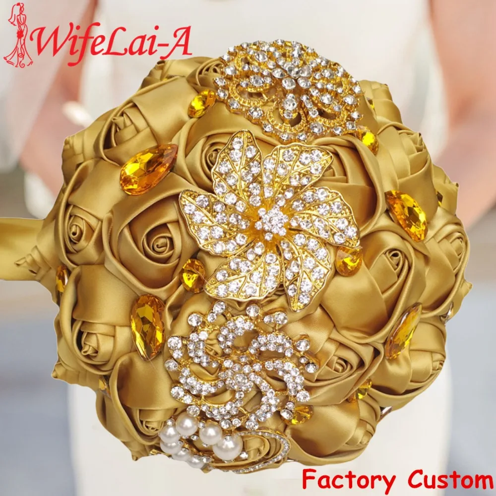 

WifeLai-A Gold Brooch Diamond Bridal Wedding Bouquets Bridal Crystal Silk Flowers Bridal Bouquets de noiva Factory Custom W227Q