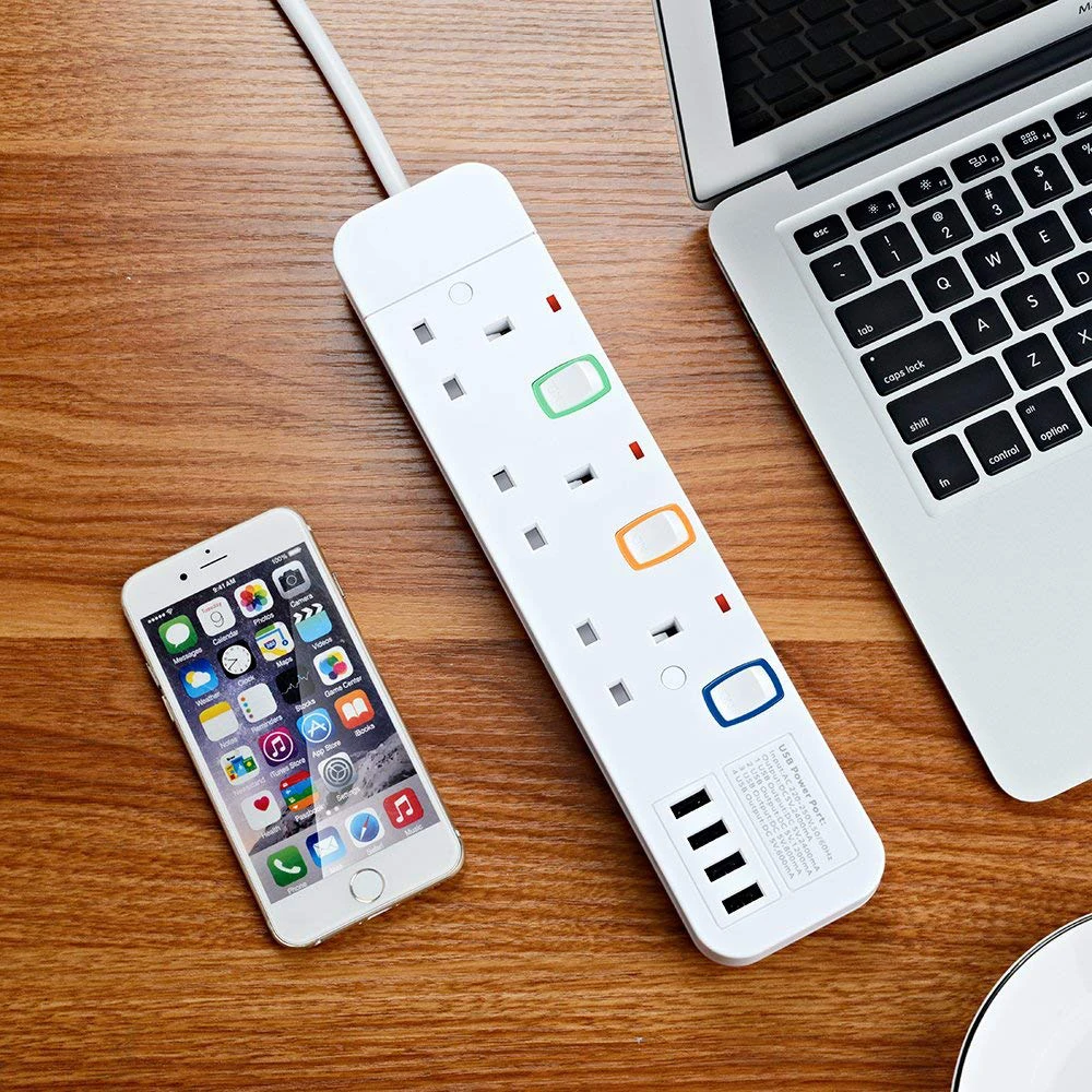 Удлинитель на 3/4/5/6 розеток переменного тока 4 USB порта макс. 3250 А медный удлинитель