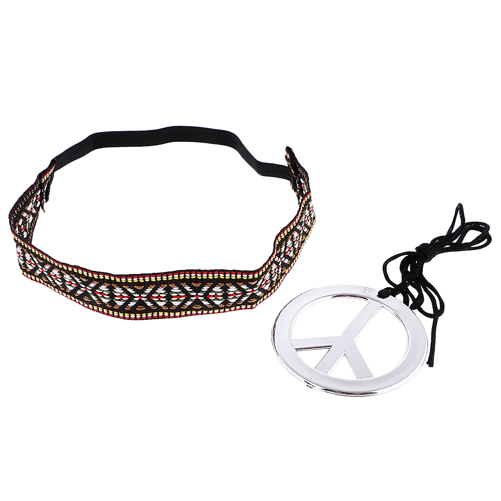 Phenovo Unisex Peace Symbol Pendant Necklace with Headband Set Costume Jewelry Accessories for women and men