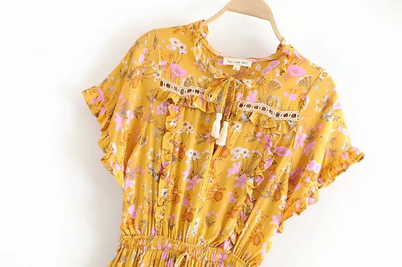 Boho женское мини-платье 2 цвета A line ruffles tassel sashes v шеи с пышными рукавами свободные платья из вискозы большого размера