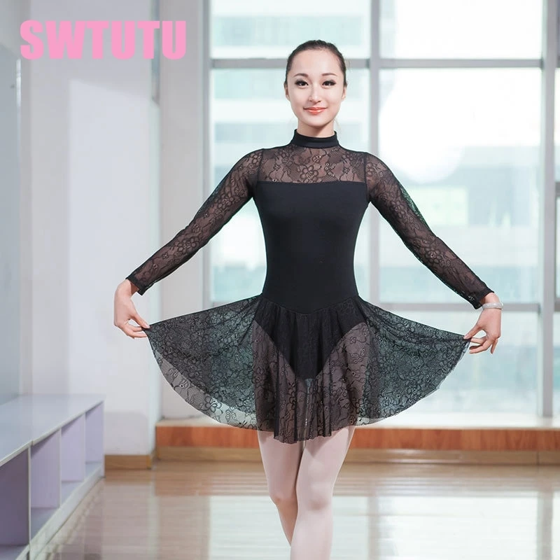 long sleeves mock turtleneck dance lyrical dress leotards women dance training gymnastics lace skirted ballet leotards CS0193