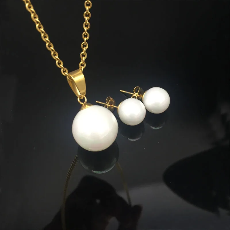 Gold Color Jewelry Sets For Women Simulated Pearl Earring With Pendant Stainless Steel Wedding Set | Украшения и аксессуары