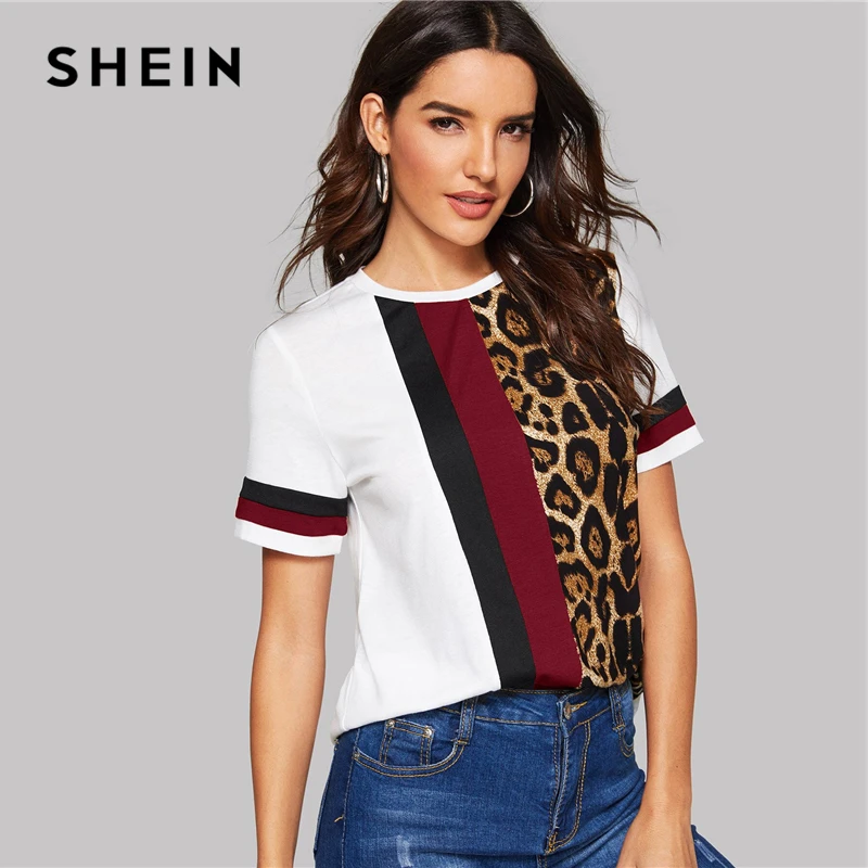  SHEIN Color Block Cut-and-Sew Leopard Panel Top Short Sleeve O-Neck Casual T Shirt Women 2019 Summe