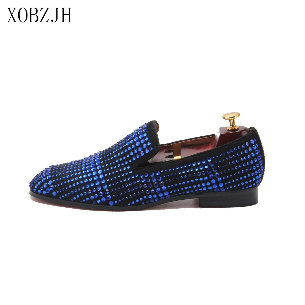 XOBZJH/Мужская обувь; итальянская Роскошная обувь с красной подошвой; свадебные синие лоферы из натуральной кожи со стразами; Дизайнерские мужские туфли высокого качества