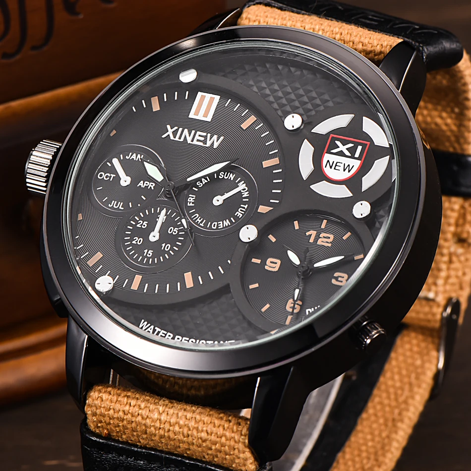 XINEW Sports Wrist Watches Men Big Dual Time Canvas Strap Waterproof