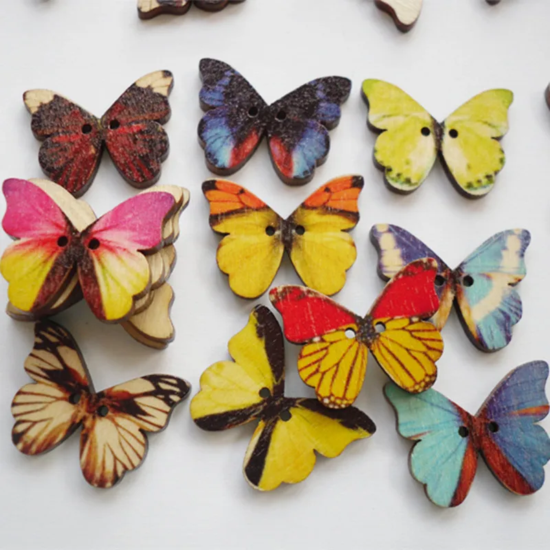 

50pcs/set Multicolor Butterfly Handmade Wooden Button DIY 2 Hole Painted Scrapbooking Craft Accessories Dropshipping