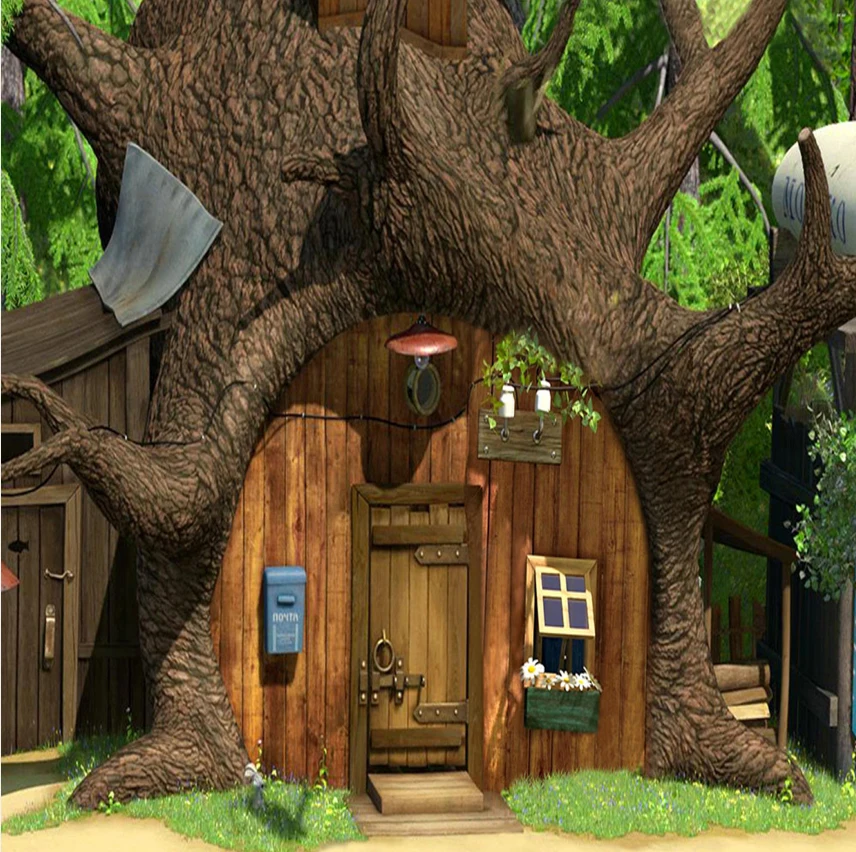 8x8 футов Виниловый фон для фотостудии с изображением медведя дерева ствола дома деревянной двери леса на заказ 240 см x 240 см