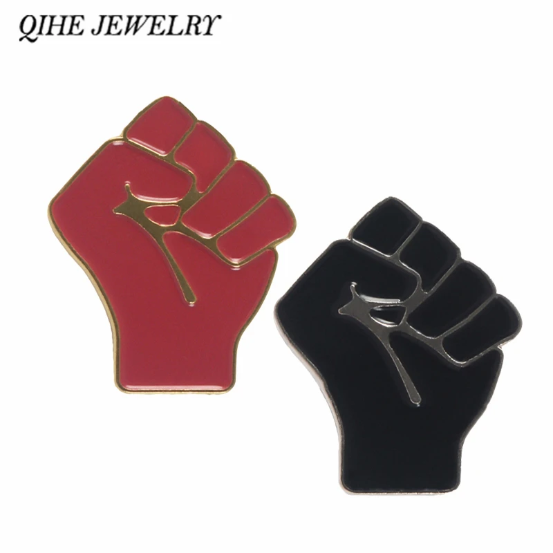 

QIHE JEWELRY Raised fist pins Black red power of unity brooches Solidarity symbol jewelry for men women