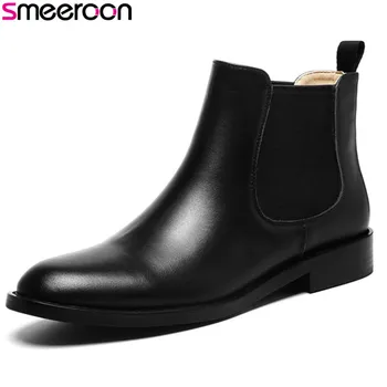 

Smeeroon popular autumn winter boots for women round toe cow genuine leather boots low heels ankle boots slip on prom shoes