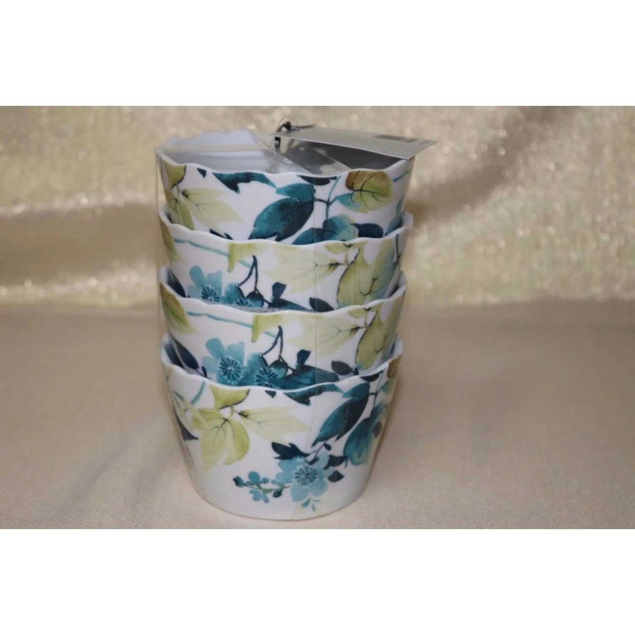 222 Fifth TAKARA Floral Leaves Appetizer Round Bowls - Blue/Green -S/4