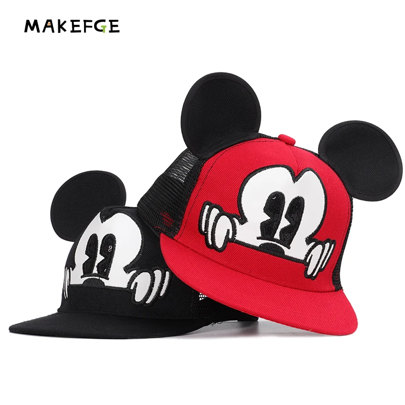 

2019 New Cute Mickey Ears Hip Hop Hat Mesh Breathable Outdoor Sports Shade Cotton Boy Baby Adjustable 3-8Y Cap snapback Kids