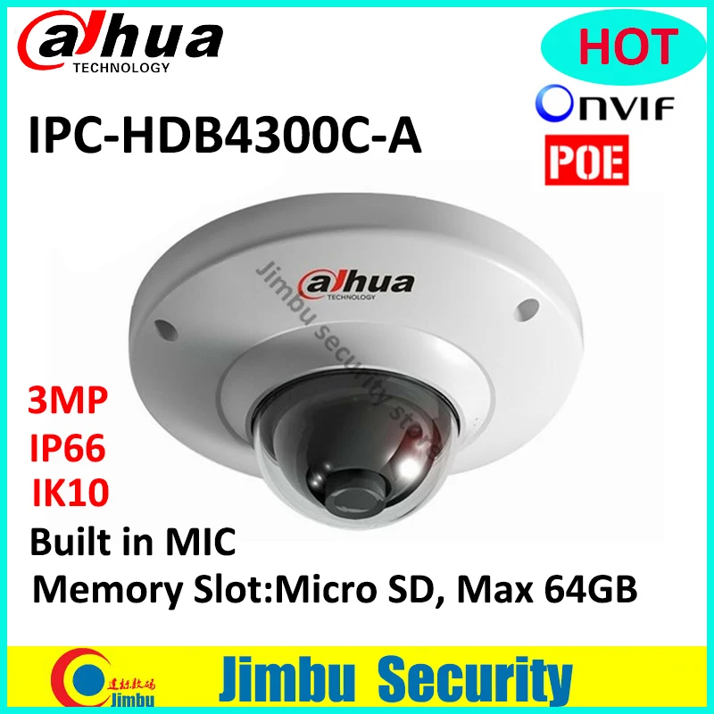 

DAHUA 3MP POE IP Dome Camera IPC-HDB4300C-A 1/3" IP66 IK67 Built-in MIC cctv camera Micro SD Max 64GB