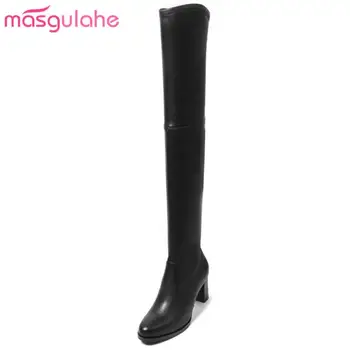 

Masgulahe genuine leather boots look slimmer slip on over the knee boots female office lady autumn winter boots womens shoes