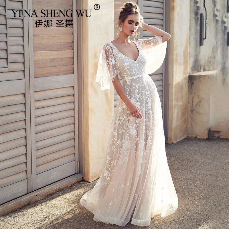 

New Women Long Dress Sexy Deep Vneck Casual Party Dress Backless White Sexy Lace Ruffle Sleeve Vacation Dress Floor Length Dress