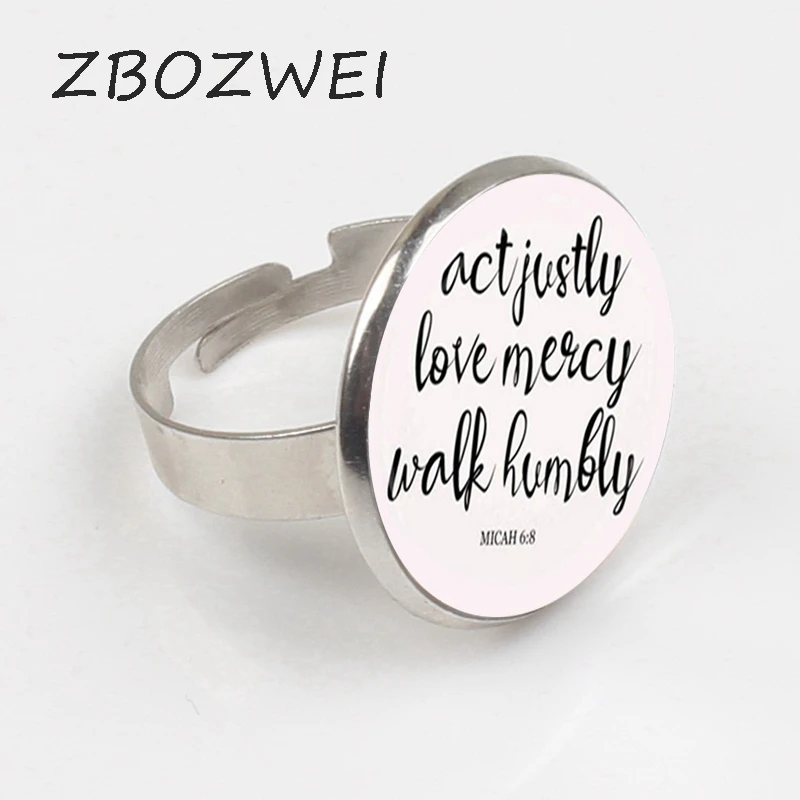 

ZBOZWEI 2018 Micah 68 Act Justly Love Mercy Walk Humbly cameo Photo Cabochon Ring bible quote jewelry